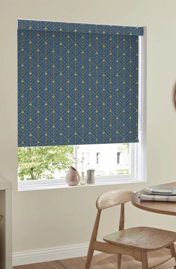 Room with navy roller blind from illumin8 Rollers Collection