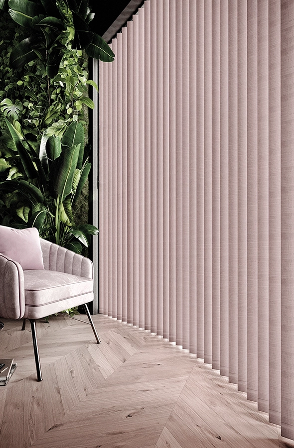 Room with light grey vertical blind from illumin8 Edit Verticals Collection