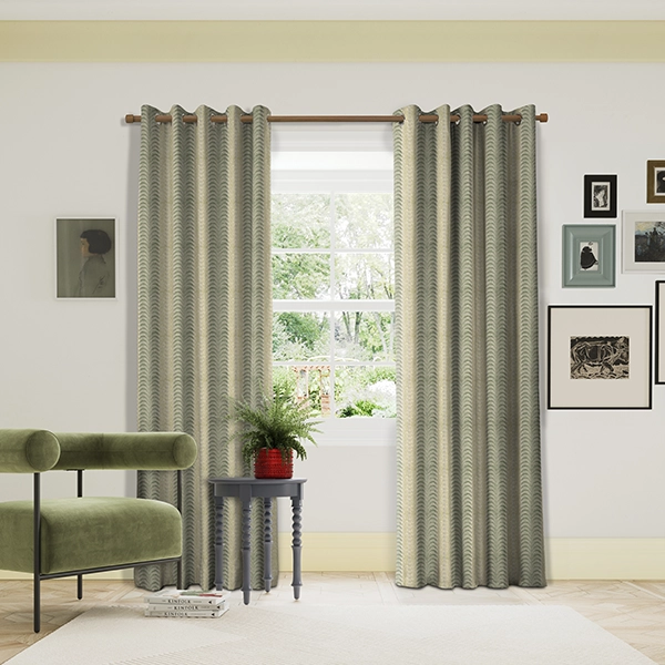 Room with green floral stripe curtains from Land & Shore