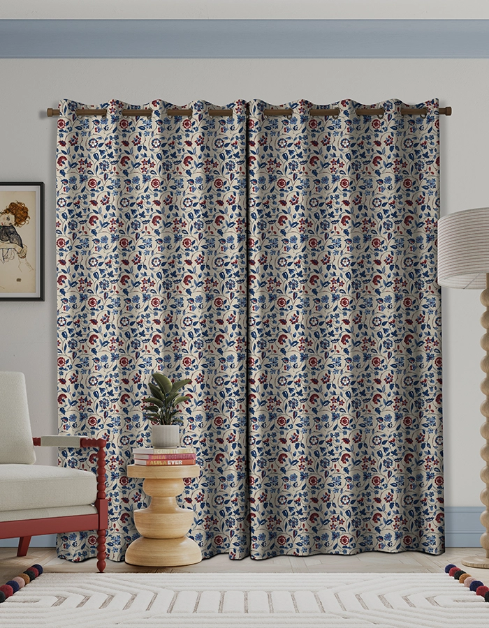 Room with Blue Red floral curtains from Land & Shore