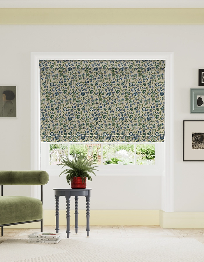 Room with green floral roman blind from Land & Shore
