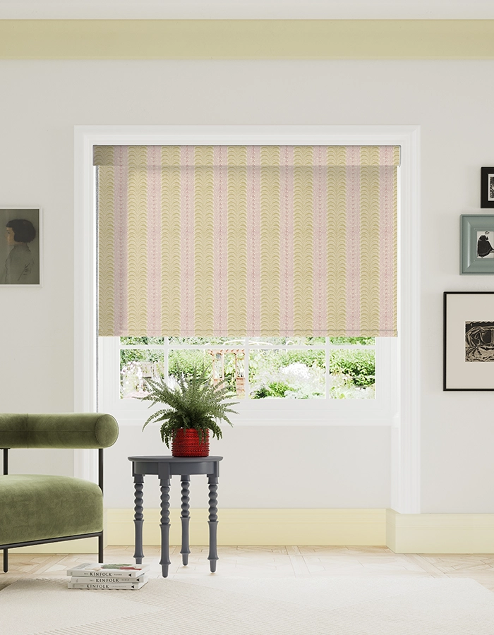 Room with yellow and blue floral stripe roller blind from Land & Shore
