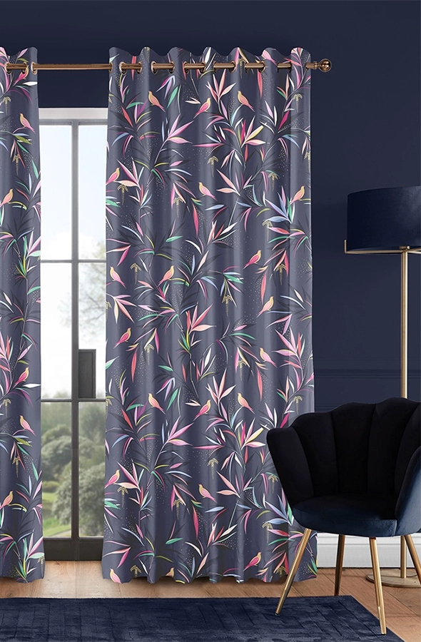 Room with blue bird curtains from Sara Miller