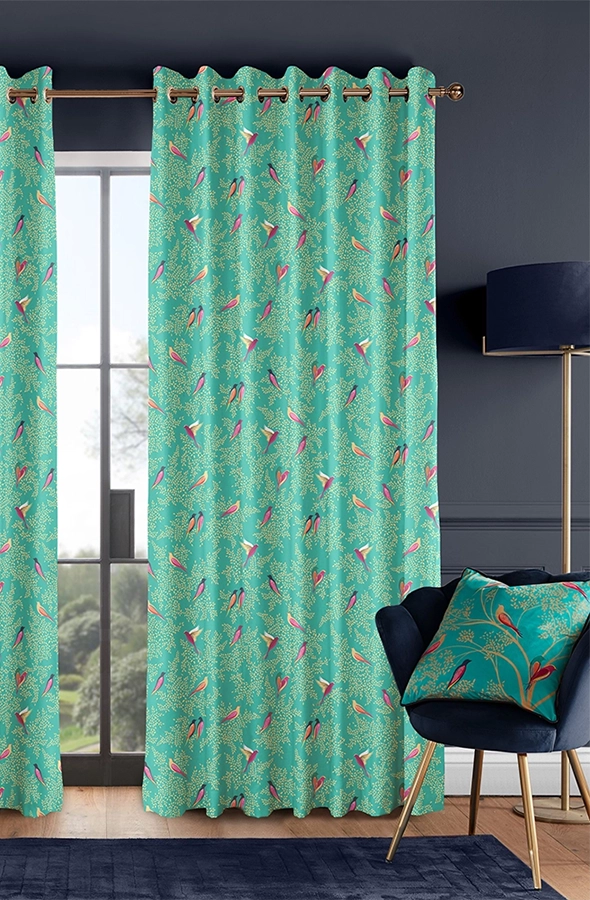 Room with green curtains in bird design from Sara Miller