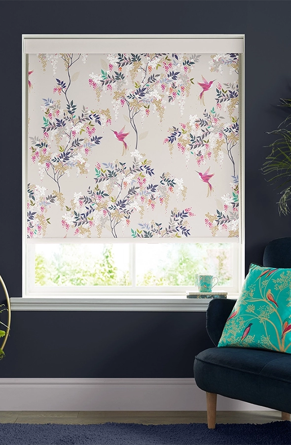 Room with hummingbird design roller blind from Sara Miller