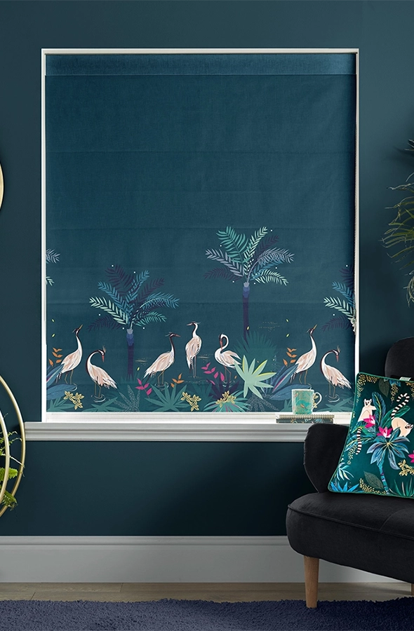 Room with teal heron design roman blind from Sara Miller