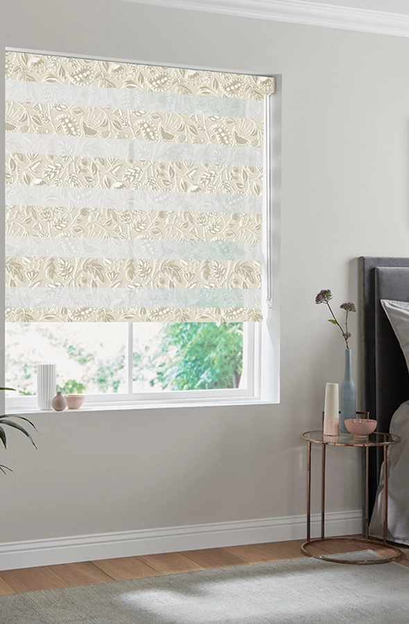 Room with cream geometric design day & night blind from illumin8 Edit Fifty50™ Collection